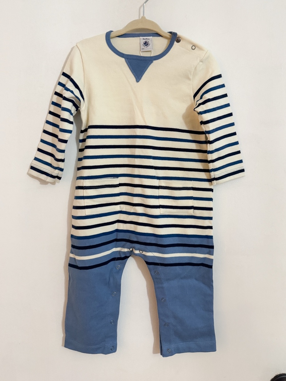 Petit Bateau Cream & Blue Striped Baby Boy One-Piece Snap Closure Onesie 18mo - Picture 2 of 6